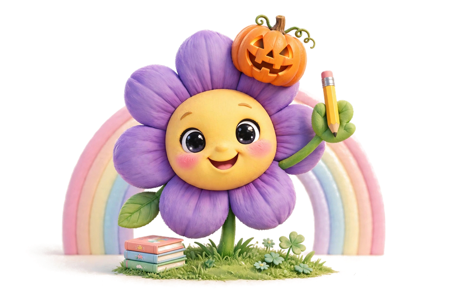 Violet, the TinyTuition flower mascot, wearing a pumpkin hat