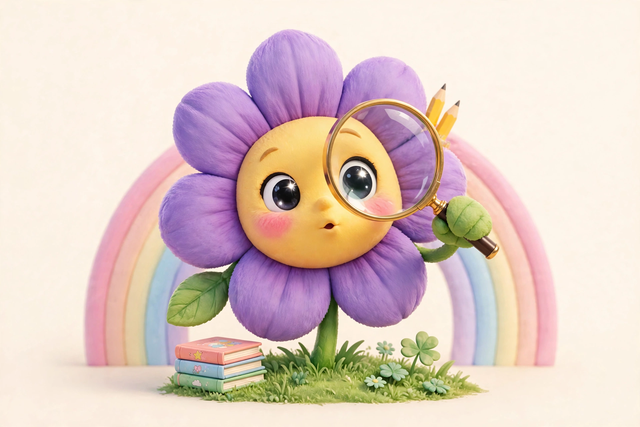 Violet the flower mascot searching with a magnifying glass